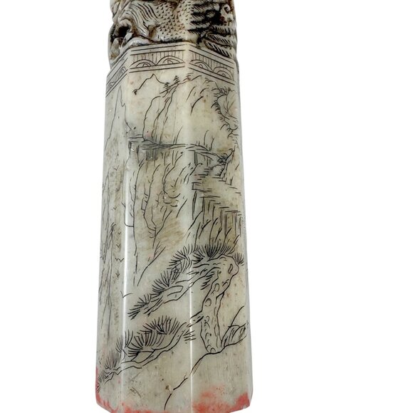 Vintage Asian Jade Stamp Neophrite Carved Dragon and Phoenix Etched Scenes - Picture 8 of 9